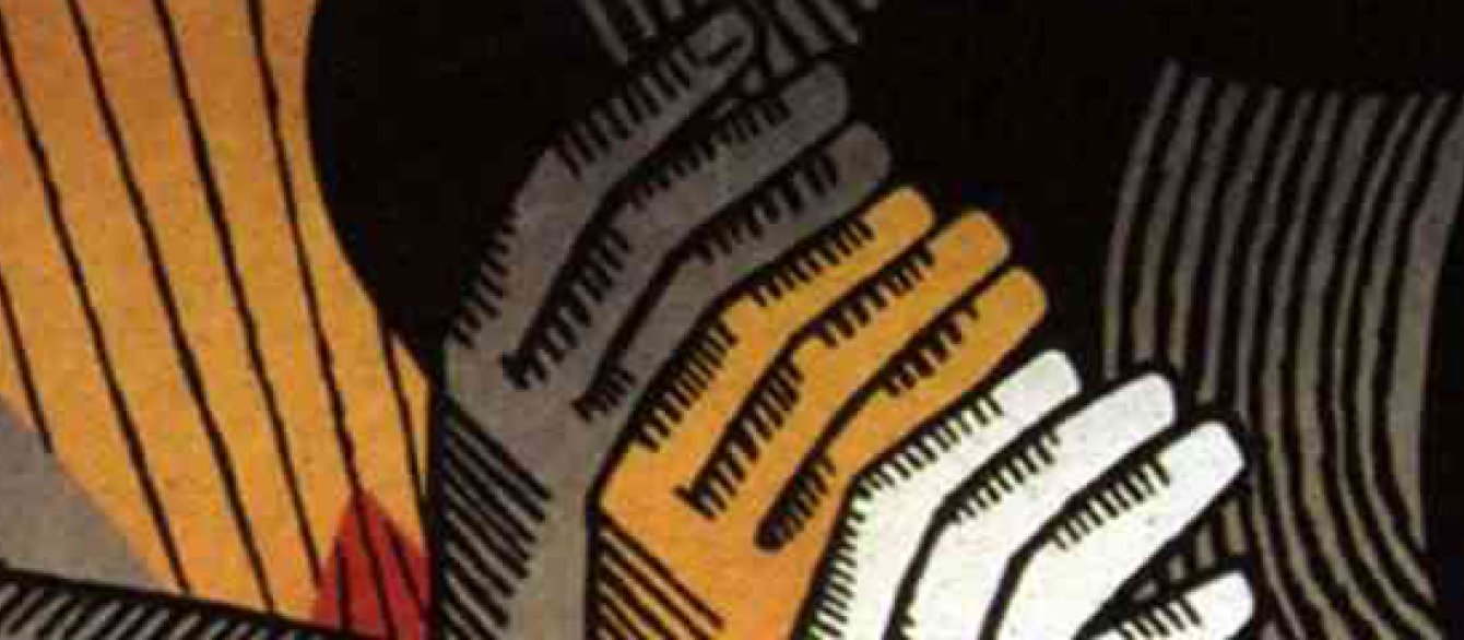 black, yellow, and white hands reaching