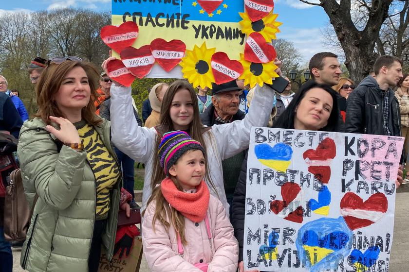Protesters rally against the war in Riga on April 23.